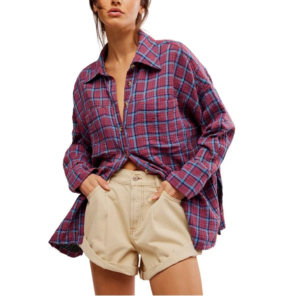 We‎ The Free Free People Women XS Plaid Oversized Button Down Shirt Purple Blue